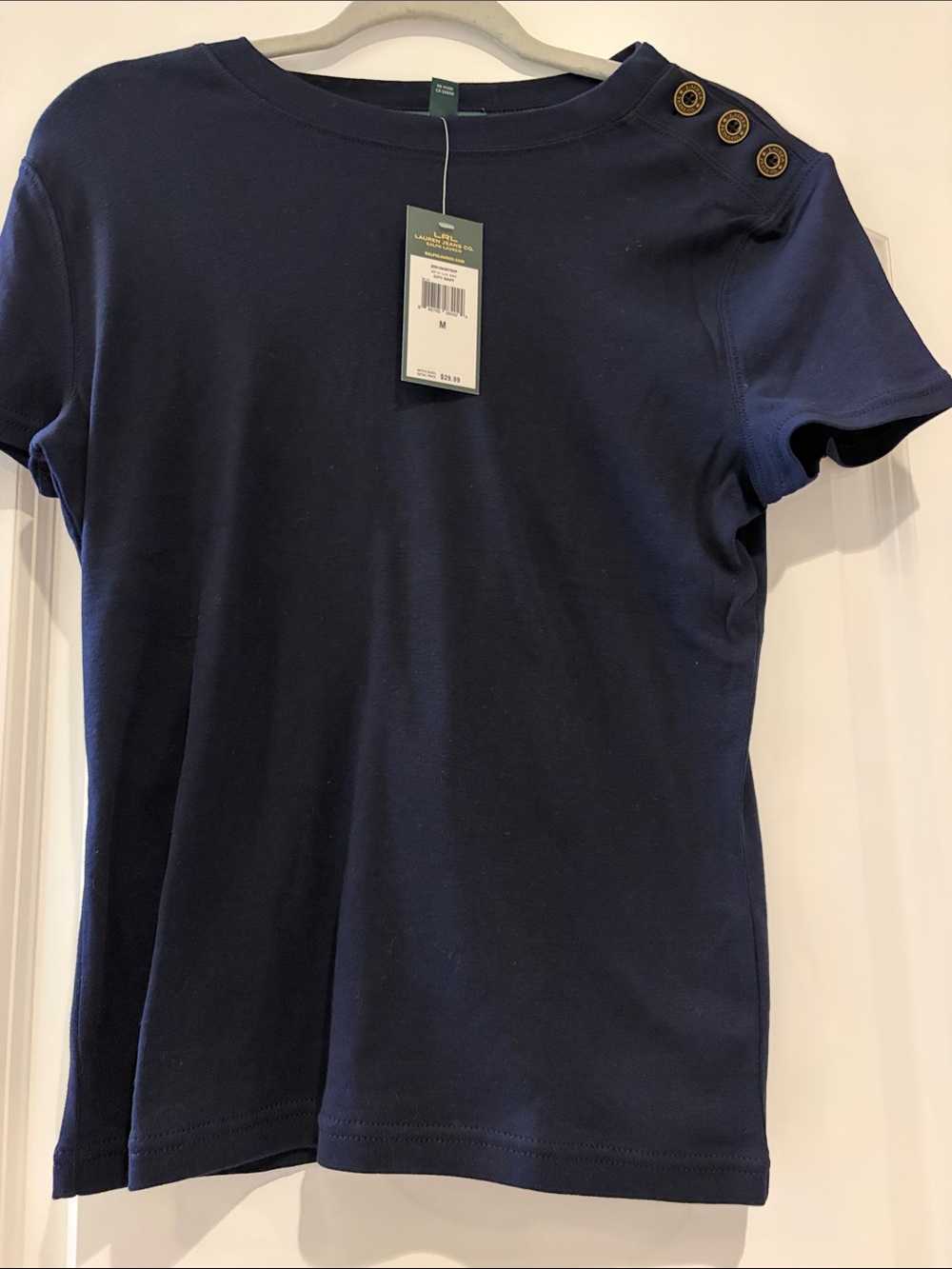 Lauren Ralph Lauren Navy Short Sleeve Button-Shoulder Tee